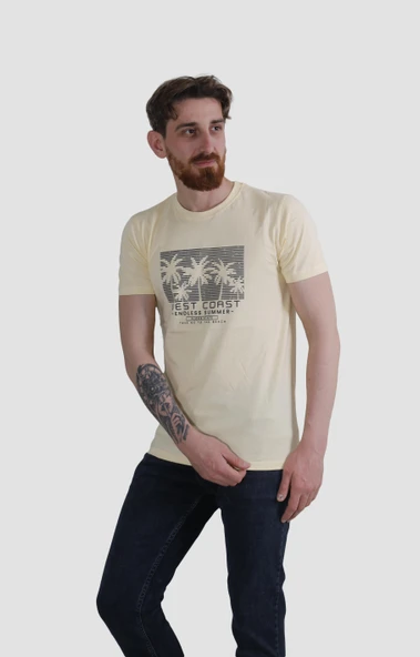 Erkek Bisiklet Yaka Palmiye Ağacı Baskılı Pamuklu Slim Fit Tişört 3074-SARI ürün görseli
