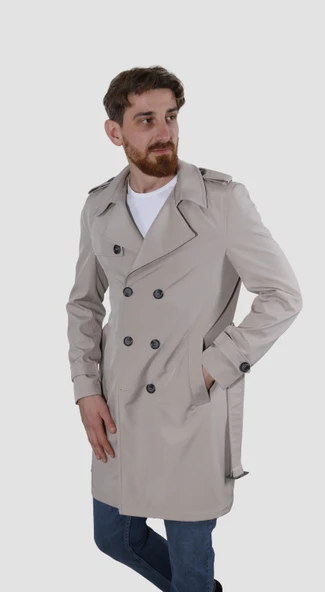 Erkek Uzun Kruvaze Trençkot Regular Fit 5030-TAŞ