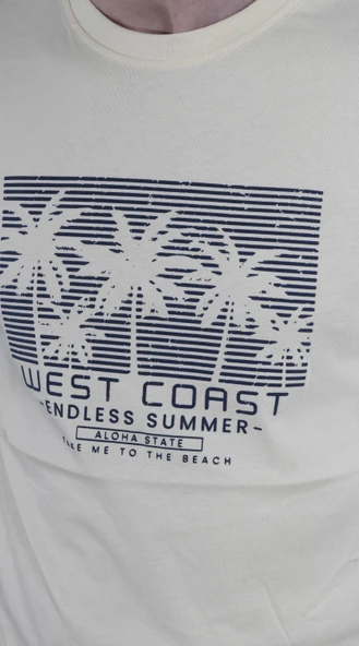 Erkek Bisiklet Yaka Palmiye Ağacı Baskılı Pamuklu Slim Fit Tişört 3074-SARI - Resim 3