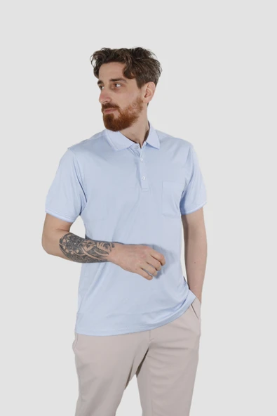 Erkek Polo Yaka Cepli Pamuklu Regular Fit Tişört 2448-MAVİ - 2