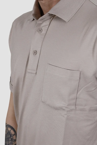 Erkek Polo Yaka Cepli Pamuklu Regular Fit Tişört 2510-BEJ - 3
