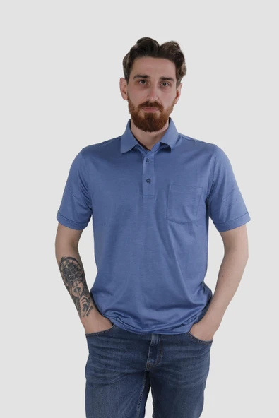 Erkek Polo Yaka Cepli Pamuklu Regular Fit Tişört 2510-KOYU MAVİ