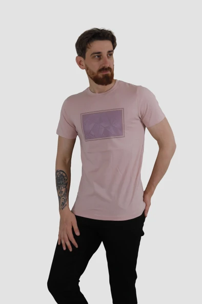 Erkek Bisiklet Yaka Gofre Ayı Baskılı Pamuklu Slim Fit Tişört 3115-LİLA