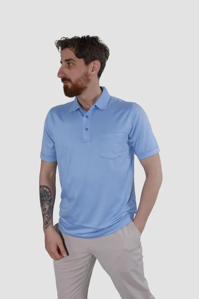 Erkek Polo Yaka Cepli Pamuklu Regular Fit Tişört 2510-MAVİ - Resim 2