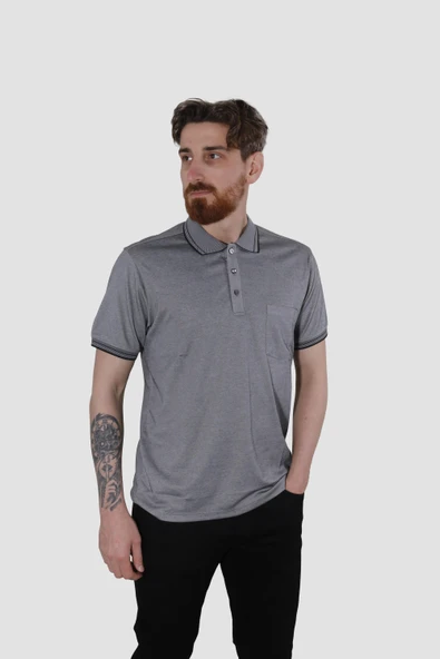 GLOBAY 2448 HSK CEPLI YAKALI T-SHIRT-SİYHA/GRİ