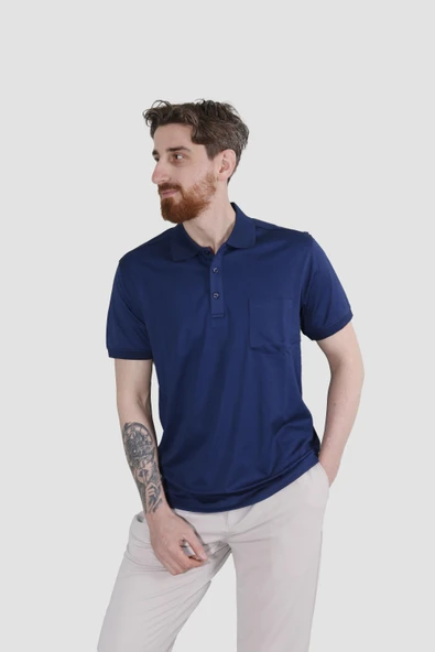 GLOBAY 2448 HSK CEPLI YAKALI T-SHIRT-LACİVERT