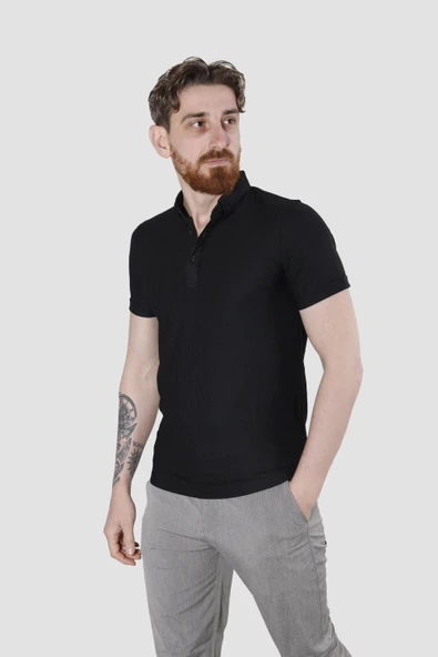 Erkek Gömlek Yaka Pamuklu Slim Fit Tişört 2562-Y-SİYAH