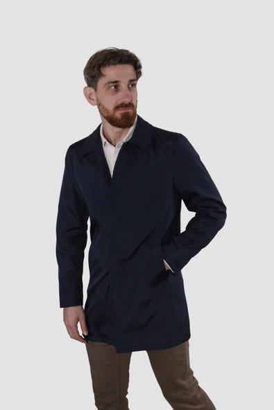 Erkek Kısa Bebe Yaka Kısa Slim Fit Trençkot  Y128-LACİVERT