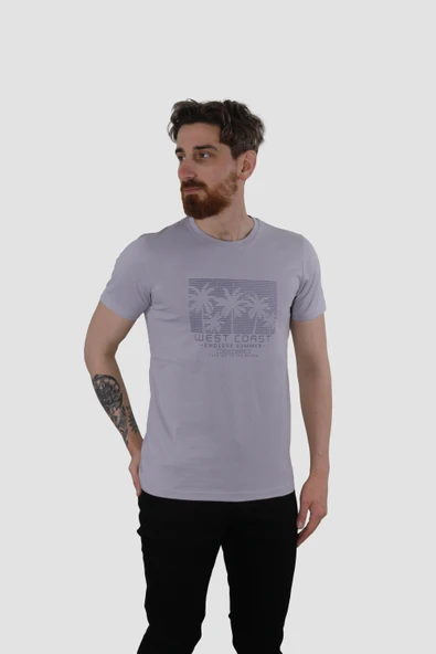 Erkek Bisiklet Yaka Palmiye Ağacı Baskılı Pamuklu Slim Fit Tişört 3074-LİLA - Resim 2