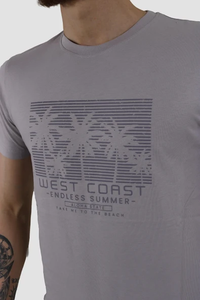 Erkek Bisiklet Yaka Palmiye Ağacı Baskılı Pamuklu Slim Fit Tişört 3074-LİLA - Resim 3