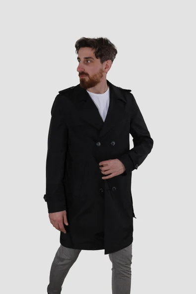 Erkek Uzun Kruvaze Trençkot Regular Fit 5030-SİYAH - 2
