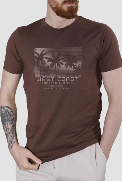 Erkek Bisiklet Yaka Palmiye Ağacı Baskılı Pamuklu Slim Fit Tişört 3074-BORDO - 2