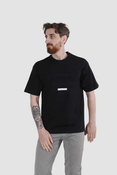 Erkek Bisiklet Yaka Baskılı Oversize Pamuklu Tişört  3064-SİYAH