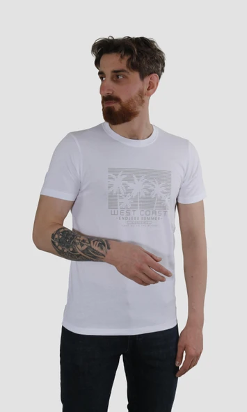 Erkek Bisiklet Yaka Palmiye Ağacı Baskılı Pamuklu Slim Fit Tişört 3074-BEYAZ - 2