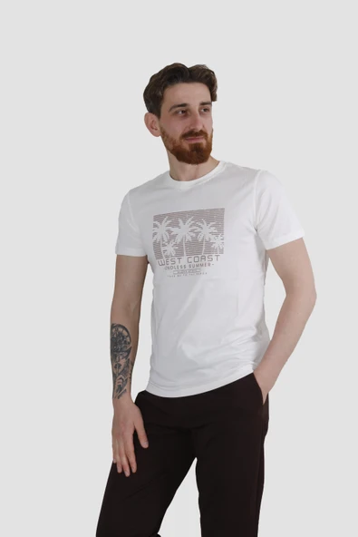 Erkek Bisiklet Yaka Palmiye Ağacı Baskılı Pamuklu Slim Fit Tişört 3074-KREM