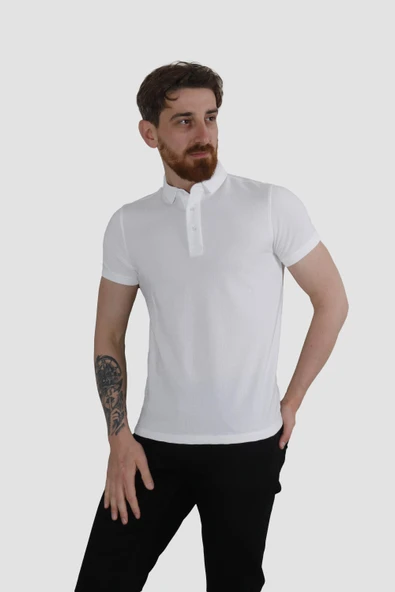 Erkek Polo Yaka Desenli Pamuklu Slim Fit Tişört 2976Y-BEYAZ