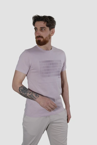 Erkek Bisiklet Yaka Baskılı Pamuklu Slim Fit Tişört 3087-LİLA