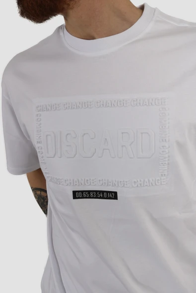 Erkek Bisiklet Yaka Baskılı Oversize Pamuklu Tişört  3064-BEYAZ - Resim 3