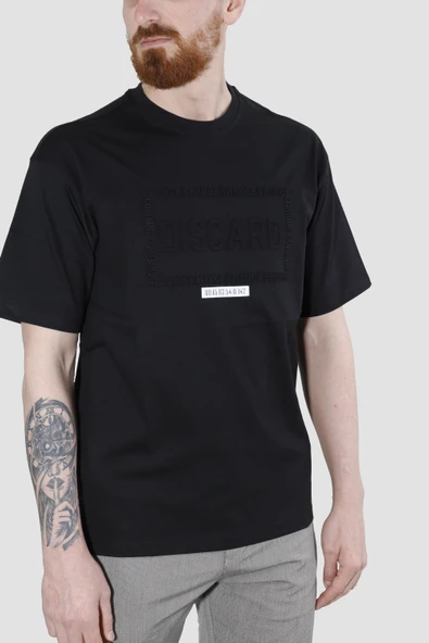 Erkek Bisiklet Yaka Baskılı Oversize Pamuklu Tişört  3064-SİYAH - 2