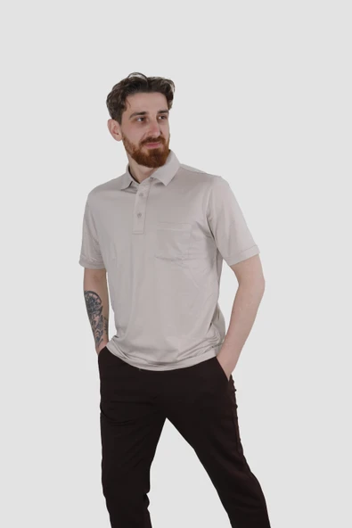 Erkek Polo Yaka Cepli Pamuklu Regular Fit Tişört 2510-BEJ