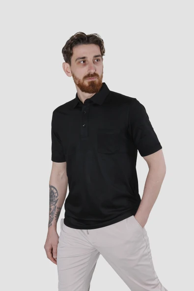 Erkek Polo Yaka Cepli Pamuklu Regular Fit Tişört 2510-SİYAH