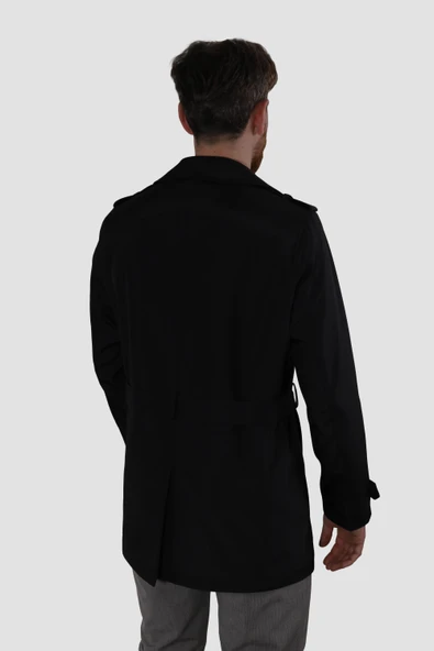 Erkek Kısa Kruvaze Trençkot Slim Fit 4030-SİYAH - 3