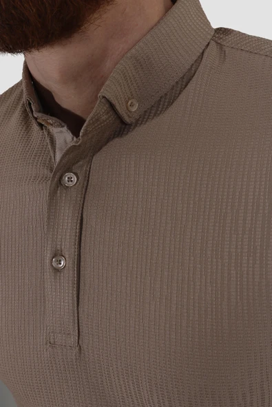 Erkek Gömlek Yaka Pamuklu Slim Fit Tişört 2562-Y-VİZON - 3