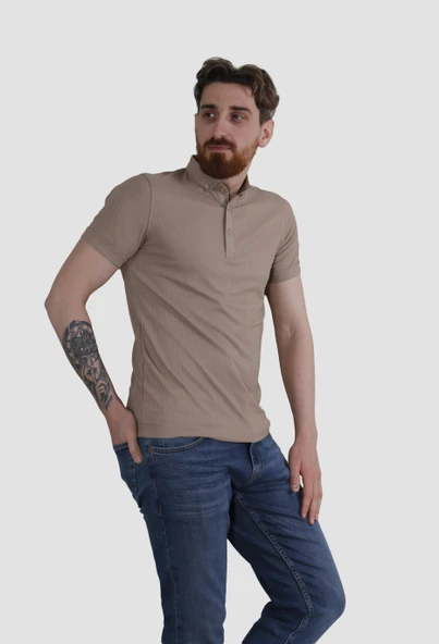 Erkek Gömlek Yaka Pamuklu Slim Fit Tişört 2562-Y-VİZON
