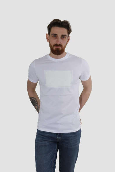 Erkek Bisiklet Yaka Gofre Ayı Baskılı Pamuklu Slim Fit Tişört 3115-BEYAZ
