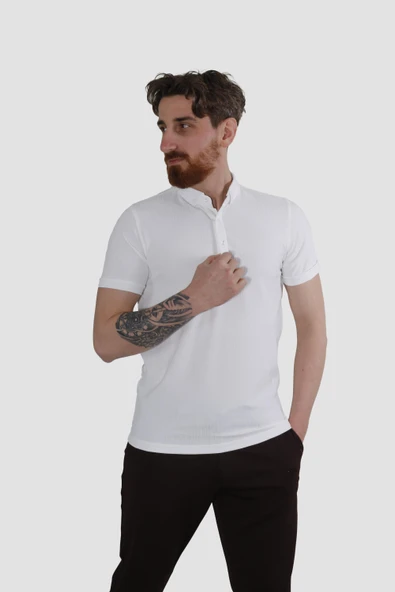Erkek Gömlek Yaka Pamuklu Slim Fit Tişört 2562-Y-BEYAZ