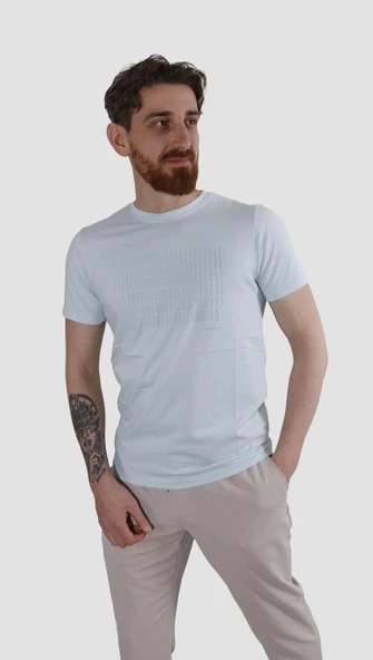 Erkek Bisiklet Yaka Baskılı Pamuklu Slim Fit Tişört 3087-BEBE MAVİ