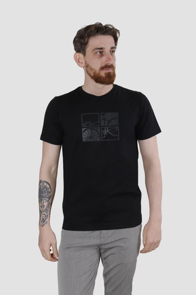 Erkek Bisiklet Yaka Bisiklet Baskılı Pamuklu Slim Fit Tişört 3107-SİYAH