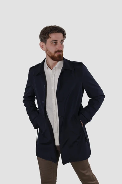 Erkek Uzun Kemerli Bebe Yaka Kruvaze Trençkot 5068-LACİVERT - 2