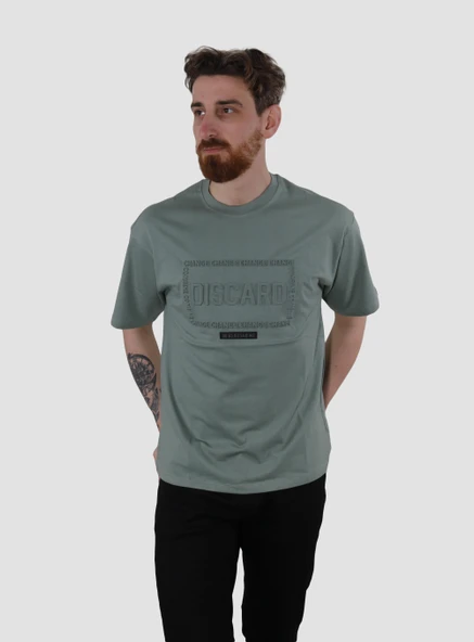 Erkek Bisiklet Yaka Baskılı Oversize Pamuklu Tişört  3064-YEŞİL - 2
