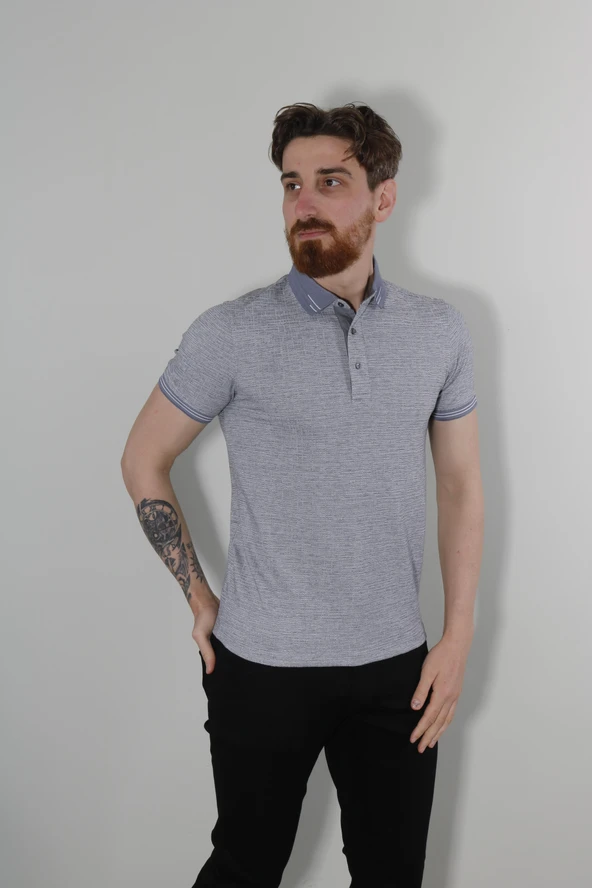 Erkek Polo Yaka Desenli Pamuklu Slim Fit Tişört 2976Y-GRİ