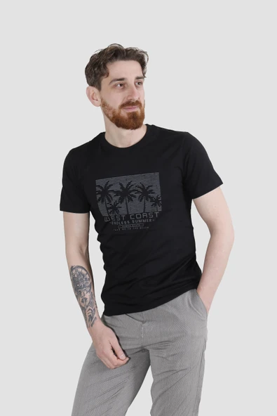 Erkek Bisiklet Yaka Palmiye Ağacı Baskılı Pamuklu Slim Fit Tişört 3074-SİYAH