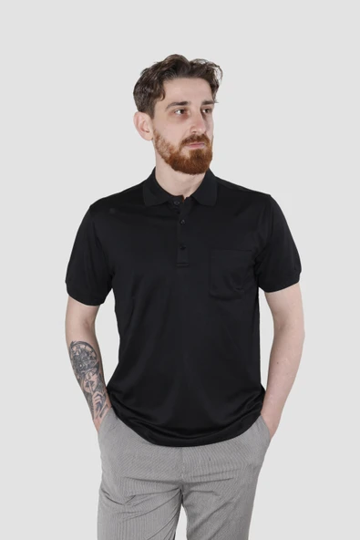 Erkek Polo Yaka Cepli Pamuklu Regular Fit Tişört 2448-SİYAH
