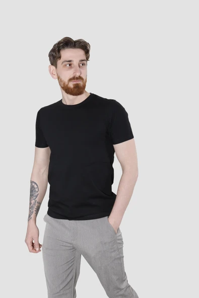 Erkek Bisiklet Yaka Düz Pamuklu Slim Fit Tişört 3068-SİYAH