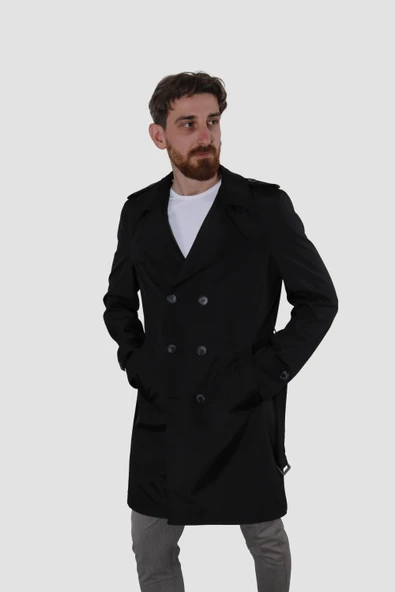 Erkek Uzun Kruvaze Trençkot Regular Fit 5030-SİYAH