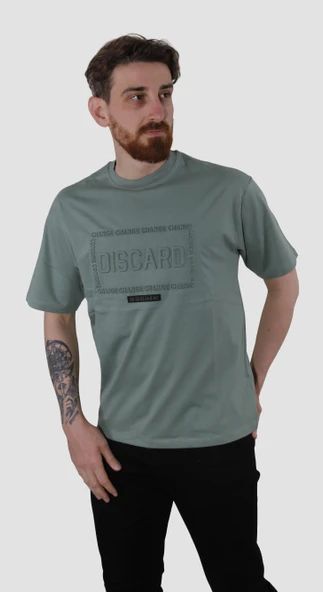 Erkek Bisiklet Yaka Baskılı Oversize Pamuklu Tişört  3064-YEŞİL