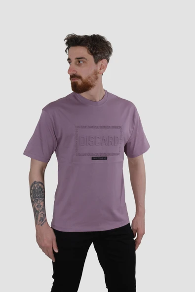 Erkek Bisiklet Yaka Baskılı Oversize Pamuklu Tişört  3064-LİLA - Resim 2