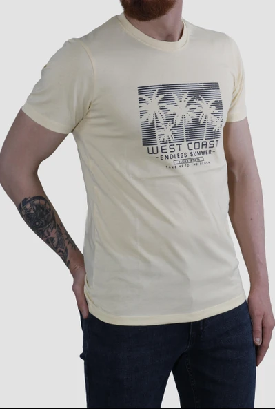 Erkek Bisiklet Yaka Palmiye Ağacı Baskılı Pamuklu Slim Fit Tişört 3074-SARI - Resim 2