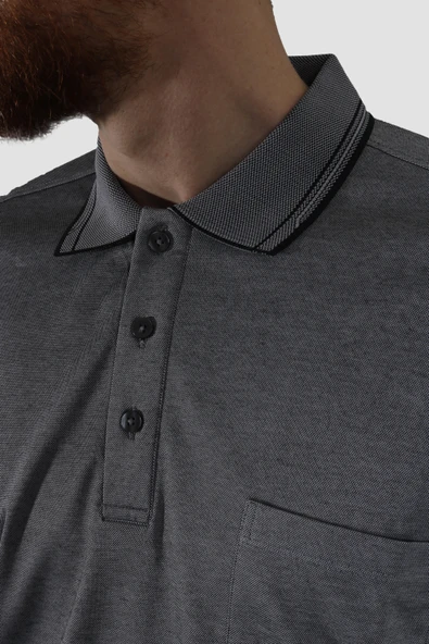Erkek Polo Yaka Cepli Pamuklu Regular Fit Tişört 2448-SİYHA/GRİ - 3