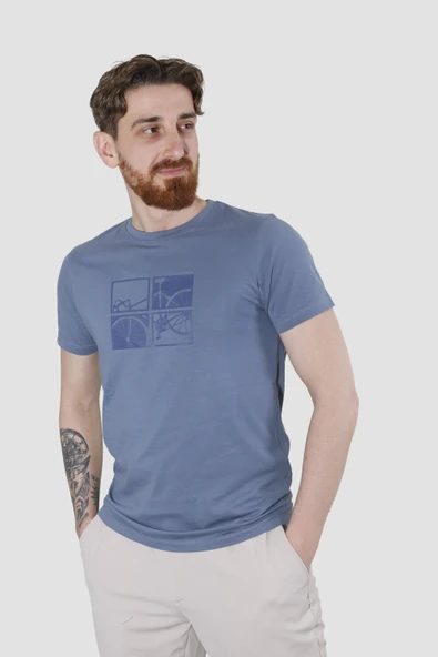 Erkek Bisiklet Yaka Bisiklet Baskılı Pamuklu Slim Fit Tişört 3107-MAVİ