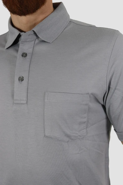 Erkek Polo Yaka Cepli Pamuklu Regular Fit Tişört 2510-GRİ - 3
