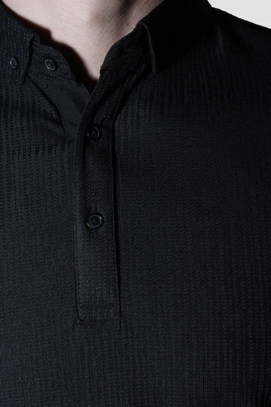 Erkek Gömlek Yaka Pamuklu Slim Fit Tişört 2562-Y-SİYAH - 3