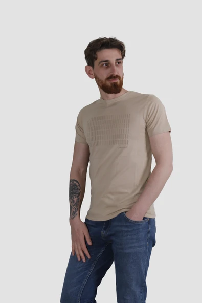 Erkek Bisiklet Yaka Baskılı Pamuklu Slim Fit Tişört 3087-TOPRAK