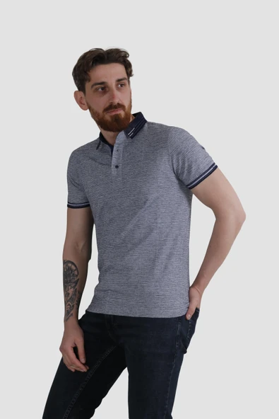 Erkek Polo Yaka Desenli Pamuklu Slim Fit Tişört 2976Y-LACİVERT - Resim 2