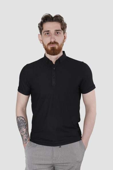 Erkek Gömlek Yaka Pamuklu Slim Fit Tişört 2562-Y-SİYAH - 2