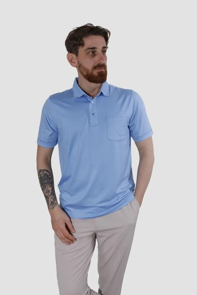 Erkek Polo Yaka Cepli Pamuklu Regular Fit Tişört 2510-MAVİ